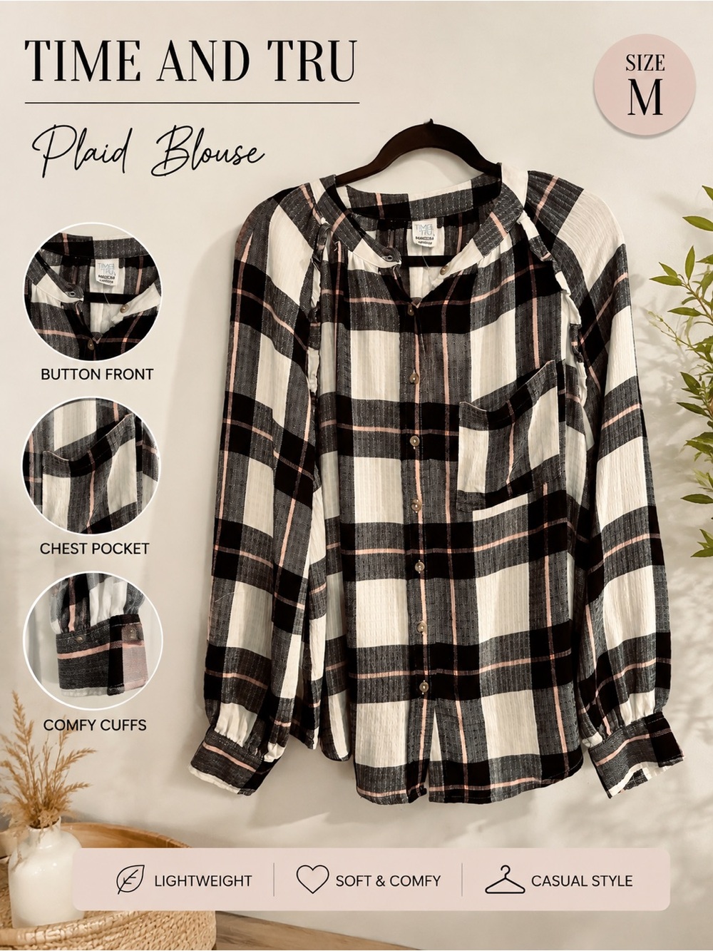 Time and Tru Maternity Plaid Button Front Blouse Size M (8–10)